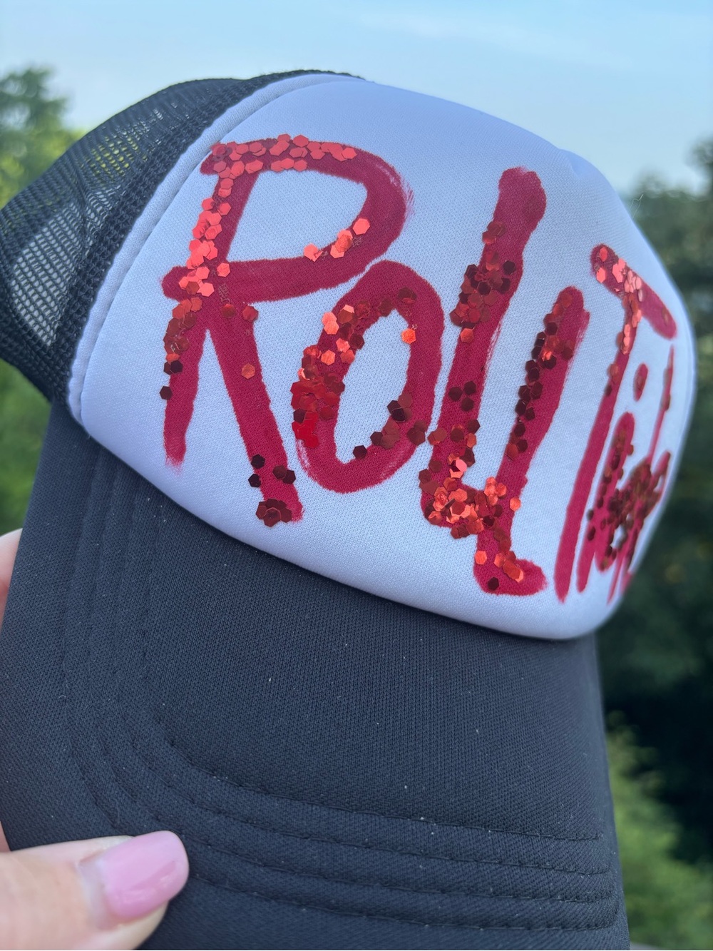 Sequin 'Rollin' Trucker Hat - Red on White